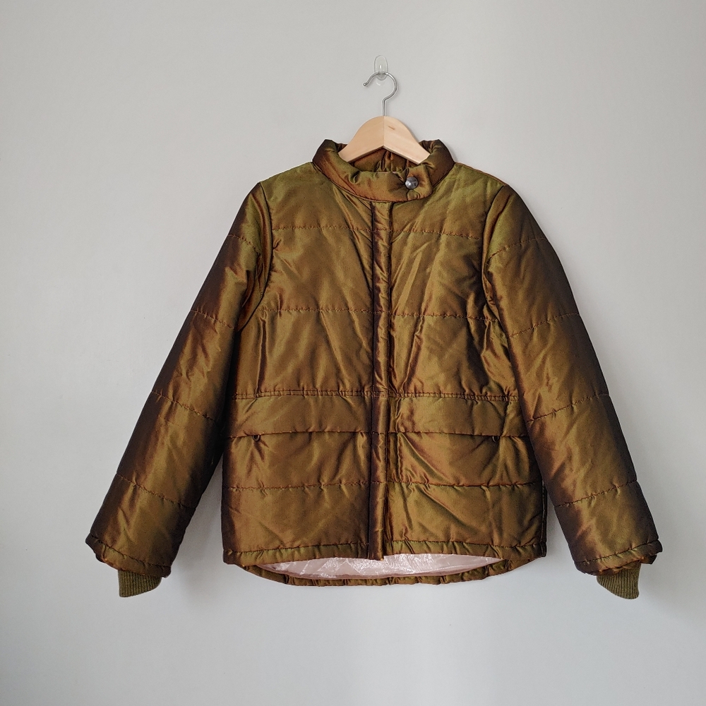 CHANEL Vintage Iridescent Silk Puffer Jacket Metallic Green FR 36 - Picture 3 of 16